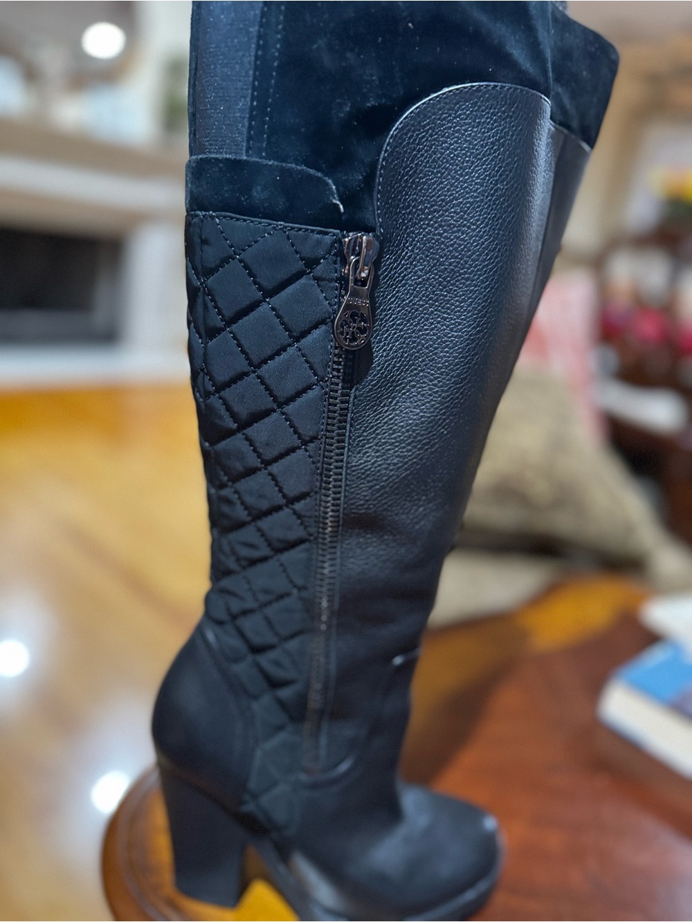 Guess Black Quilted & Faux-Leather Knee-High Block Heel Boots.